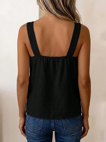 LUNE Women's Summer Blue Square Neck Cami Sleeveless Tank Top With Side Coconut Button Decor, Loose Fit, Beach Vacation Travel Streetwear Style, Summer Clothing, Summer Top, Summer Tank, Summer