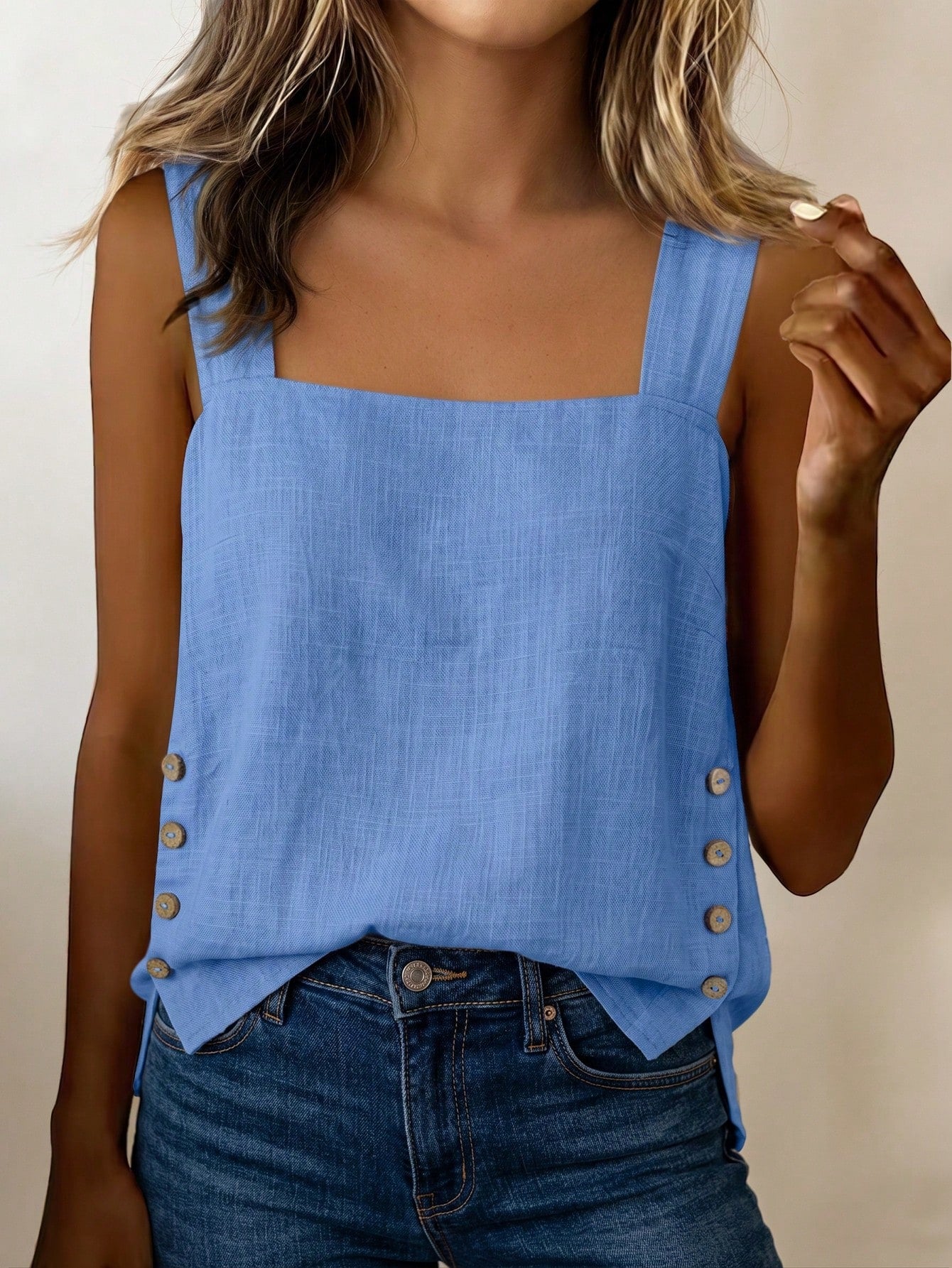 LUNE Women's Summer Blue Square Neck Cami Sleeveless Tank Top With Side Coconut Button Decor, Loose Fit, Beach Vacation Travel Streetwear Style, Summer Clothing, Summer Top, Summer Tank, Summer
