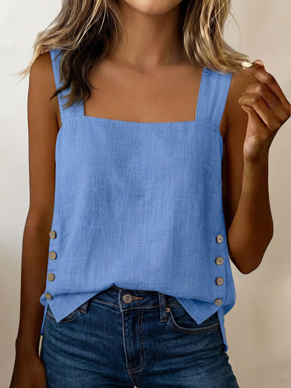 LUNE Women's Summer Blue Square Neck Cami Sleeveless Tank Top With Side Coconut Button Decor, Loose Fit, Beach Vacation Travel Streetwear Style, Summer Clothing, Summer Top, Summer Tank, Summer