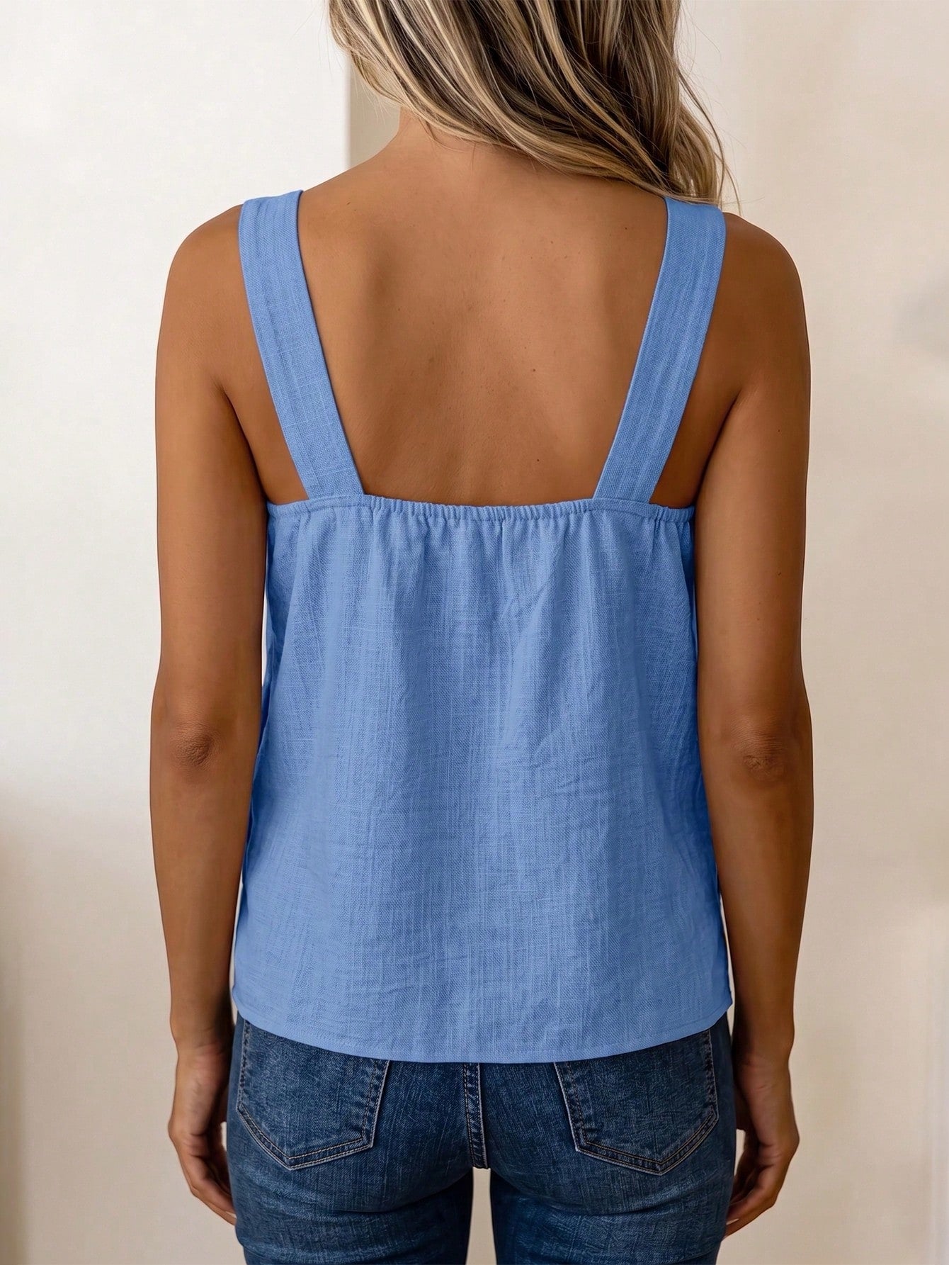 LUNE Women's Summer Blue Square Neck Cami Sleeveless Tank Top With Side Coconut Button Decor, Loose Fit, Beach Vacation Travel Streetwear Style, Summer Clothing, Summer Top, Summer Tank, Summer