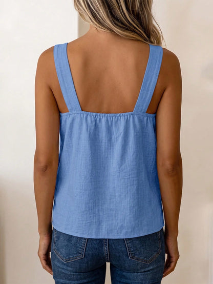 LUNE Women's Summer Blue Square Neck Cami Sleeveless Tank Top With Side Coconut Button Decor, Loose Fit, Beach Vacation Travel Streetwear Style, Summer Clothing, Summer Top, Summer Tank, Summer