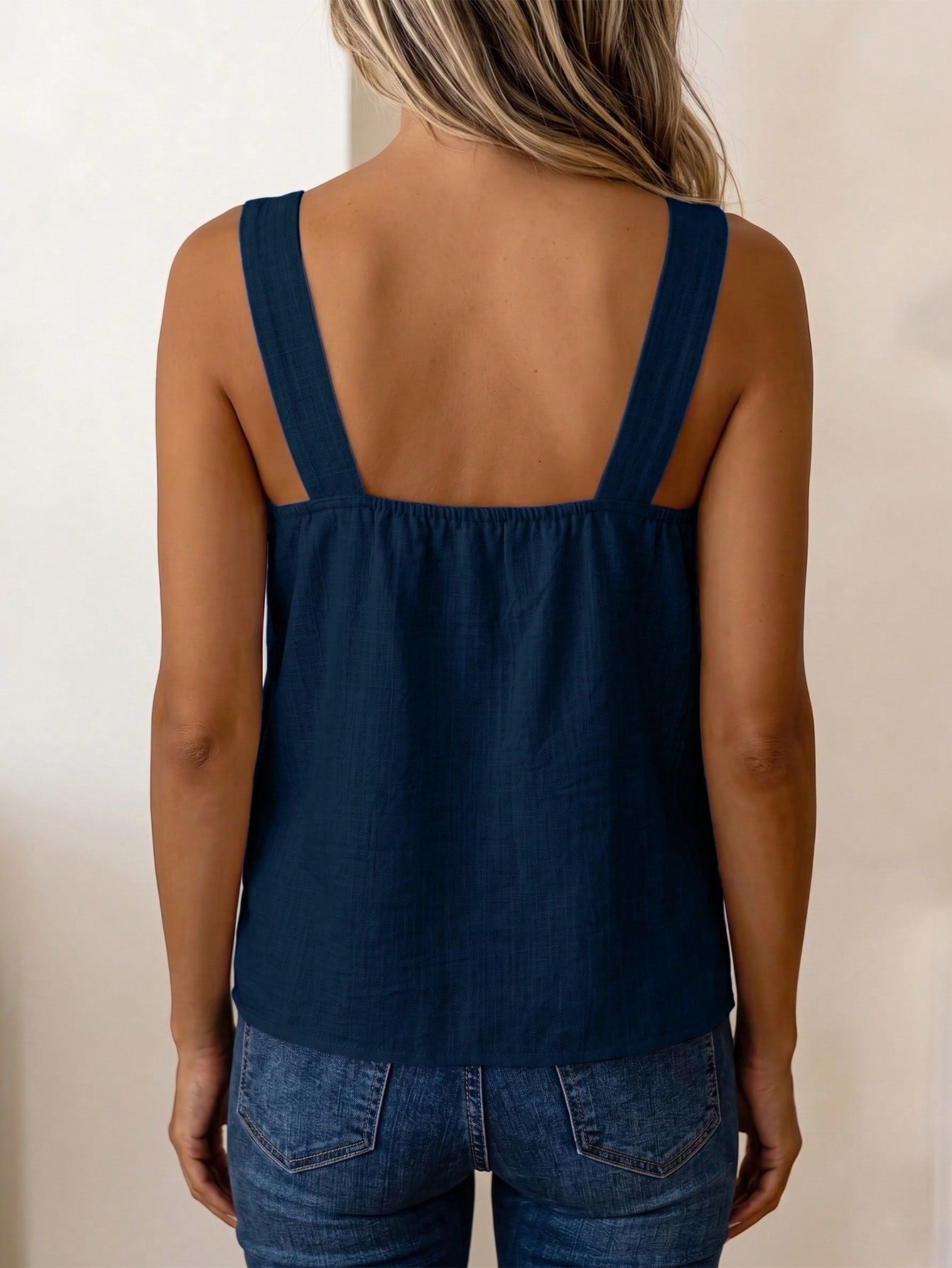 LUNE Women's Summer Blue Square Neck Cami Sleeveless Tank Top With Side Coconut Button Decor, Loose Fit, Beach Vacation Travel Streetwear Style, Summer Clothing, Summer Top, Summer Tank, Summer