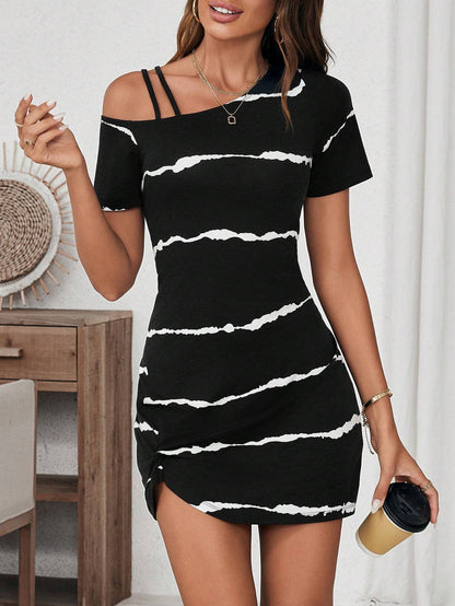 LUNE Women's Summer Casual Asymmetric Collar Striped Colorblock Pleated Dress Summer Outfits For Women,Casual