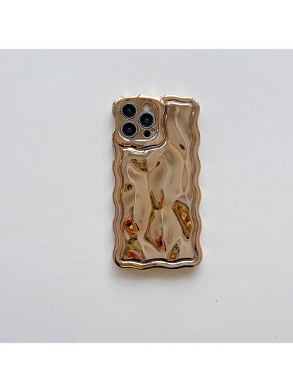 Luxury Asymmetric Wavy Texture Premium Electroplated Floral Meteorite Textured Gold Phone Case Compatible With IPhone 17/17 Pro Max/17/17 Air/17 Pro/16/16 Pro/16 Pro Max/16 Plus/16e Spring Gift