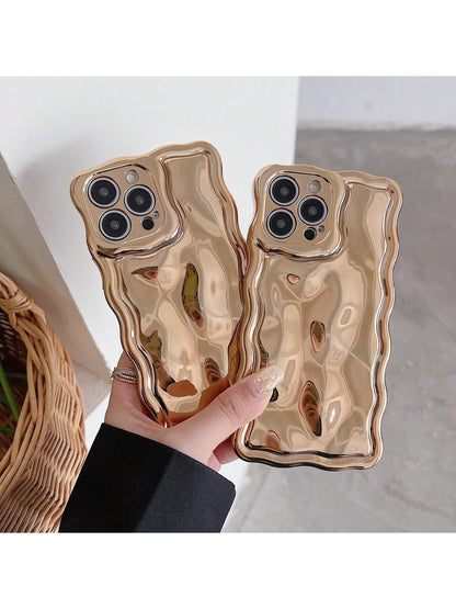 Luxury Asymmetric Wavy Texture Premium Electroplated Floral Meteorite Textured Gold Phone Case Compatible With IPhone 17/17 Pro Max/17/17 Air/17 Pro/16/16 Pro/16 Pro Max/16 Plus/16e Spring Gift