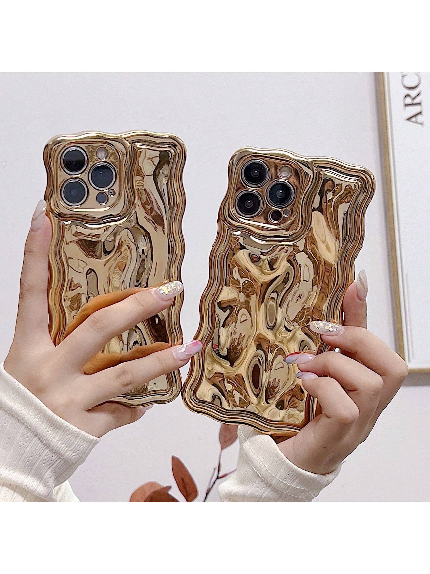 Luxury Asymmetric Wavy Texture Premium Electroplated Floral Meteorite Textured Gold Phone Case Compatible With IPhone 17/17 Pro Max/17/17 Air/17 Pro/16/16 Pro/16 Pro Max/16 Plus/16e Spring Gift