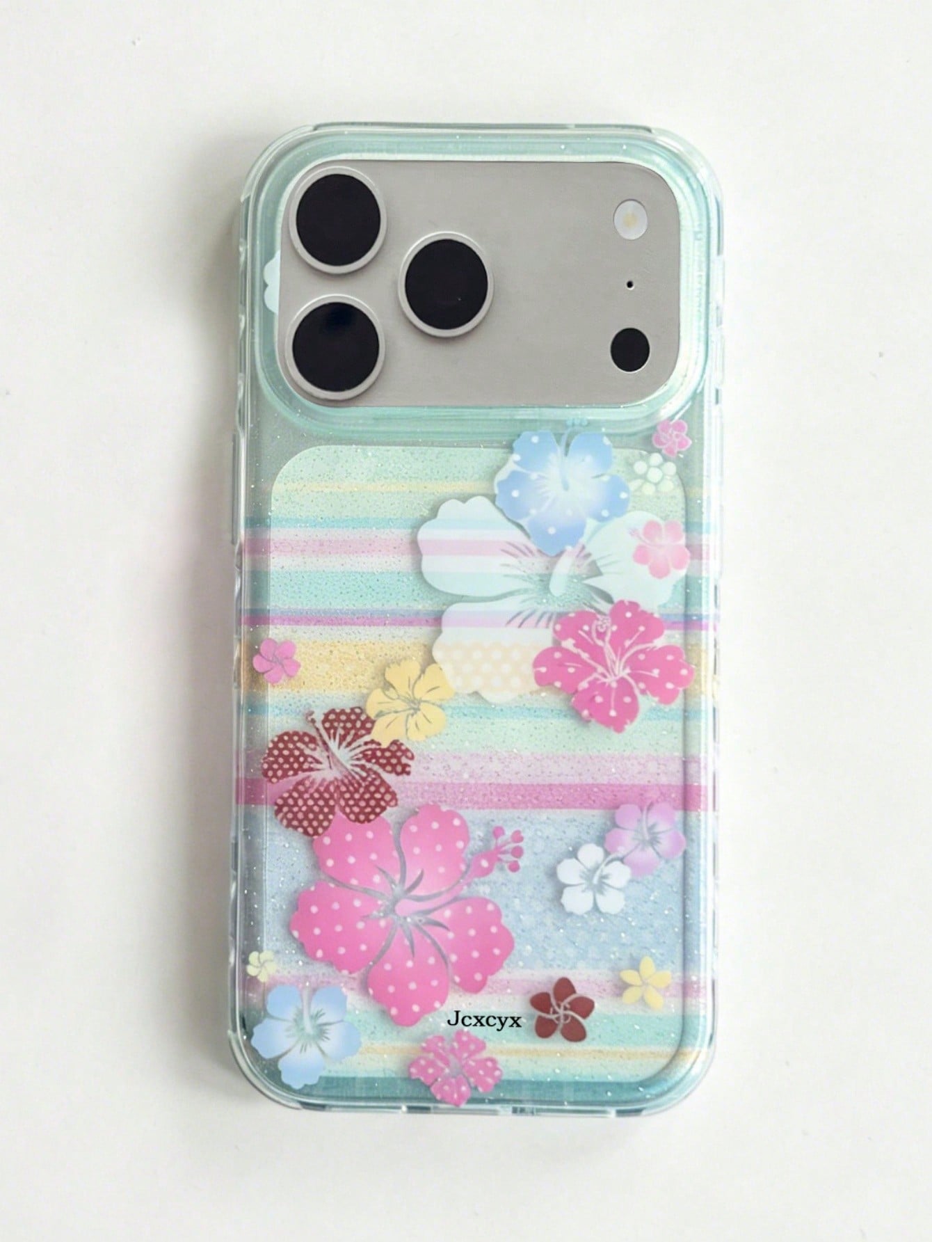 Luxury Hibiscus Floral Colorful Striped Glitter Phone Case Compatible With IPhone 18 Pro Max 18 Pro 17 Pro Max 17 Pro 16 Pro Max 15 13 Pro Max 14 Plus 17 Air 12 Pro 11 Soft Shell Fresh Glitter Protect