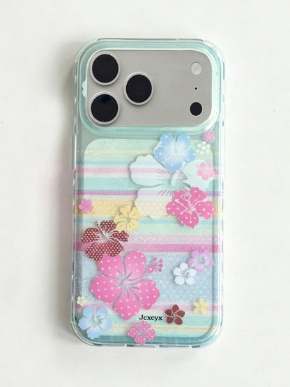 Luxury Hibiscus Floral Colorful Striped Glitter Phone Case Compatible With IPhone 18 Pro Max 18 Pro 17 Pro Max 17 Pro 16 Pro Max 15 13 Pro Max 14 Plus 17 Air 12 Pro 11 Soft Shell Fresh Glitter Protect