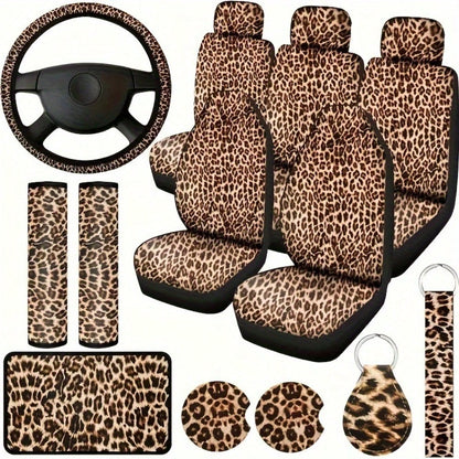 Luxury Leopard Print Car Seat Protector Set, 15Pieces Leopard Print Car Seat Covers, Steering Wheel Cover, Seat Belt Cushions, Perfect For Most Vehicles
