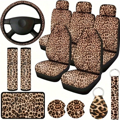 Luxury Leopard Print Car Seat Protector Set, 15Pieces Leopard Print Car Seat Covers, Steering Wheel Cover, Seat Belt Cushions, Perfect For Most Vehicles