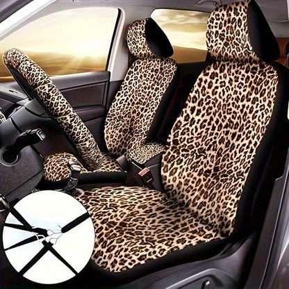 Luxury Leopard Print Car Seat Protector Set, 15Pieces Leopard Print Car Seat Covers, Steering Wheel Cover, Seat Belt Cushions, Perfect For Most Vehicles