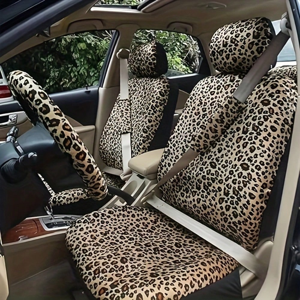 Luxury Leopard Print Car Seat Protector Set, 15Pieces Leopard Print Car Seat Covers, Steering Wheel Cover, Seat Belt Cushions, Perfect For Most Vehicles