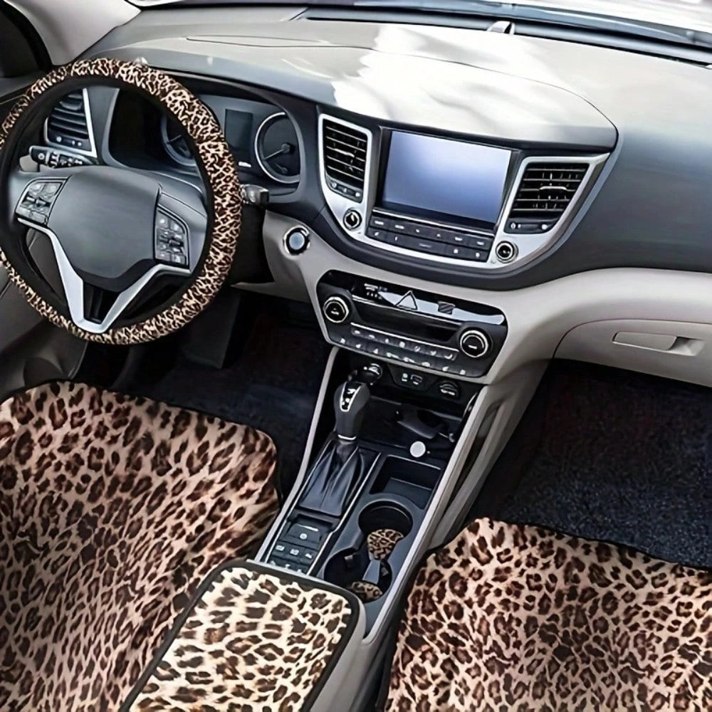 Luxury Leopard Print Car Seat Protector Set, 15Pieces Leopard Print Car Seat Covers, Steering Wheel Cover, Seat Belt Cushions, Perfect For Most Vehicles