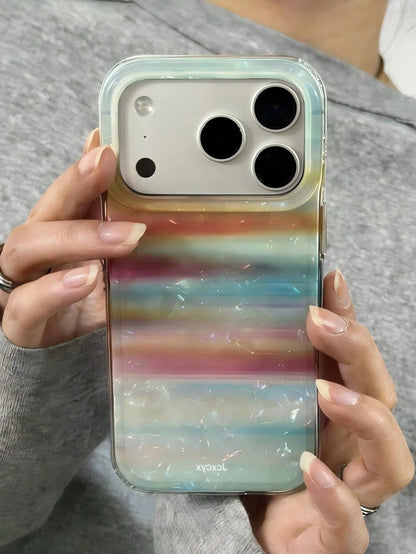 Luxury Shiny Rainbow Striped Seashell Pattern Laser Glossy Gradient Phone Case, Suitable For IPhone 17 Pro Max, 17 Pro, 16 Pro Max, 15, 14 Pro, 13, 12 Pro, 14, 16 Plus, 17 Air, 11, 13 And Other Models