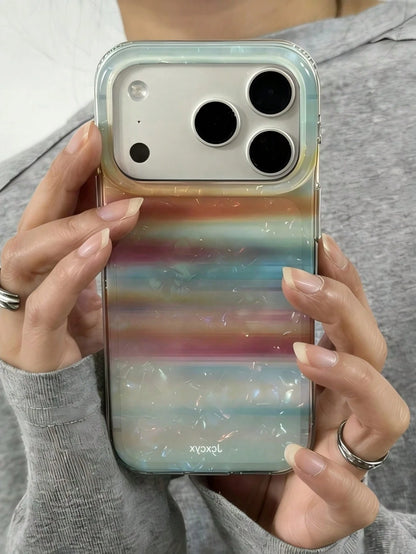 Luxury Shiny Rainbow Striped Seashell Pattern Laser Glossy Gradient Phone Case, Suitable For IPhone 17 Pro Max, 17 Pro, 16 Pro Max, 15, 14 Pro, 13, 12 Pro, 14, 16 Plus, 17 Air, 11, 13 And Other Models