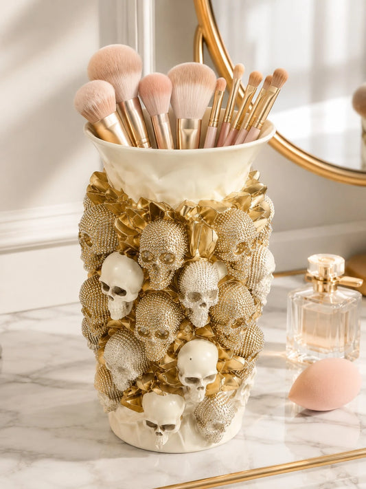 Luxury Skull Makeup Brush Holder, Gothic Cosmetic Organizer Cup, Halloween Vanity Decor, Vintage Dark Aesthetic Storage Container For Makeup Brushes, Beauty Tools, Dressing Table, Bedroom, Bathroom Co