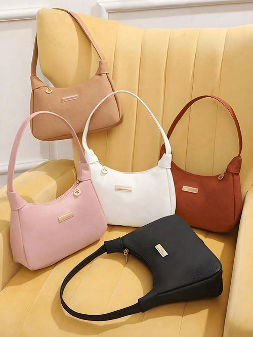 Lychee Pattern PU Women's Shoulder Bag, Leather Zipper + Wrist Strap Handbag, Multi-Functional Underarm Dumpling Bag, Sequin Decoration, Niche Design Handbag, Street Style, Fashionable Minimalist, Ide