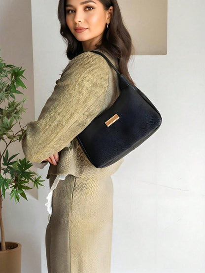 Lychee Pattern PU Women's Shoulder Bag, Leather Zipper + Wrist Strap Handbag, Multi-Functional Underarm Dumpling Bag, Sequin Decoration, Niche Design Handbag, Street Style, Fashionable Minimalist, Ide