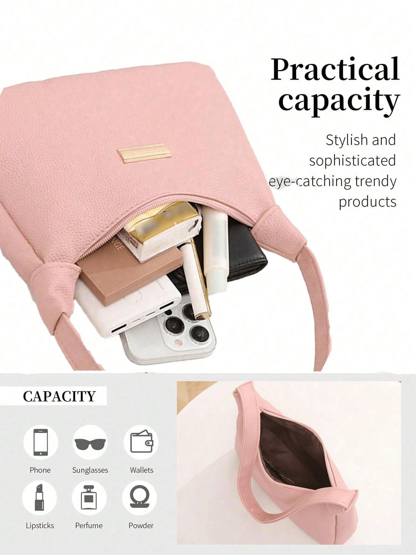 Lychee Pattern PU Women's Shoulder Bag, Leather Zipper + Wrist Strap Handbag, Multi-Functional Underarm Dumpling Bag, Sequin Decoration, Niche Design Handbag, Street Style, Fashionable Minimalist, Ide