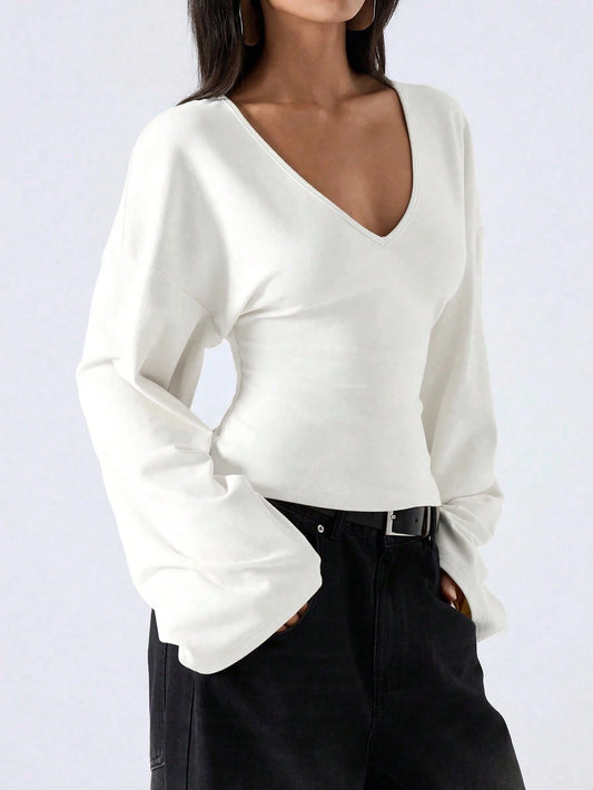 LYSMO Minimalist Women's Solid White Bell Sleeve Shirt,Autumn Deep V-Neck Top For Everyday,Smart Casual Social Blouse For Commuting,Christmas & New Year