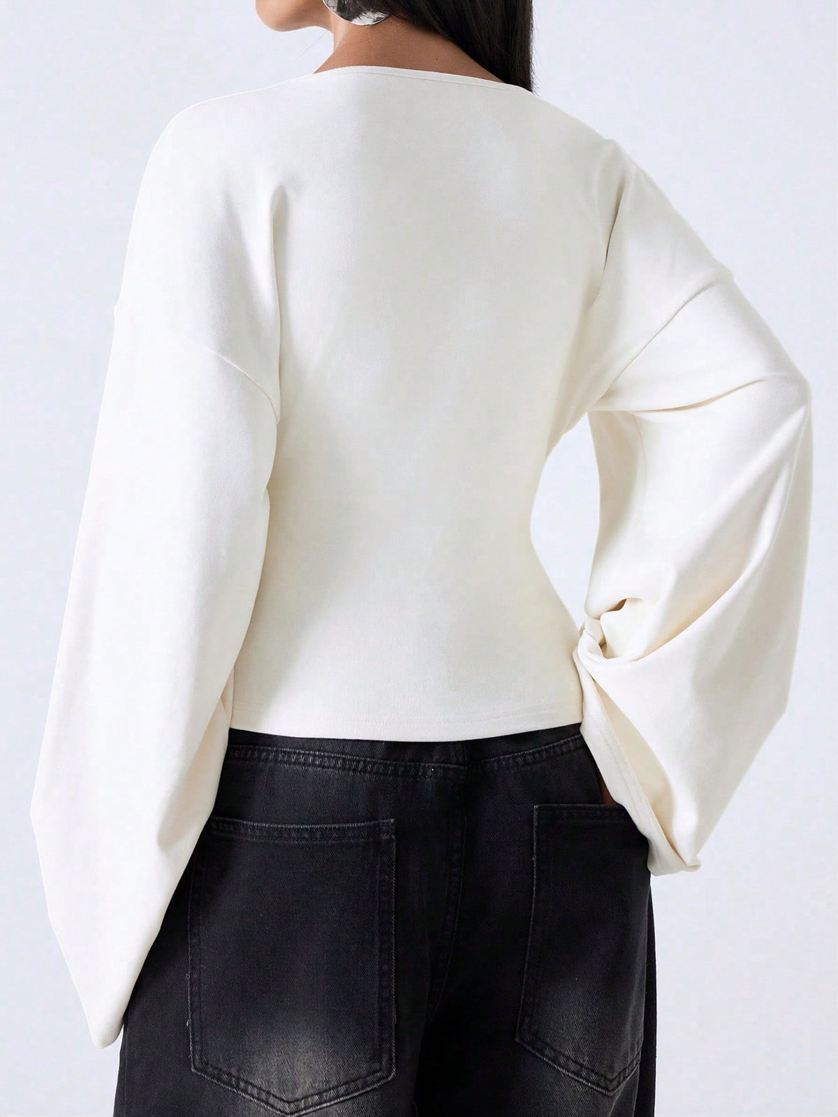 LYSMO Minimalist Women's Solid White Bell Sleeve Shirt,Autumn Deep V-Neck Top For Everyday,Smart Casual Social Blouse For Commuting,Christmas & New Year