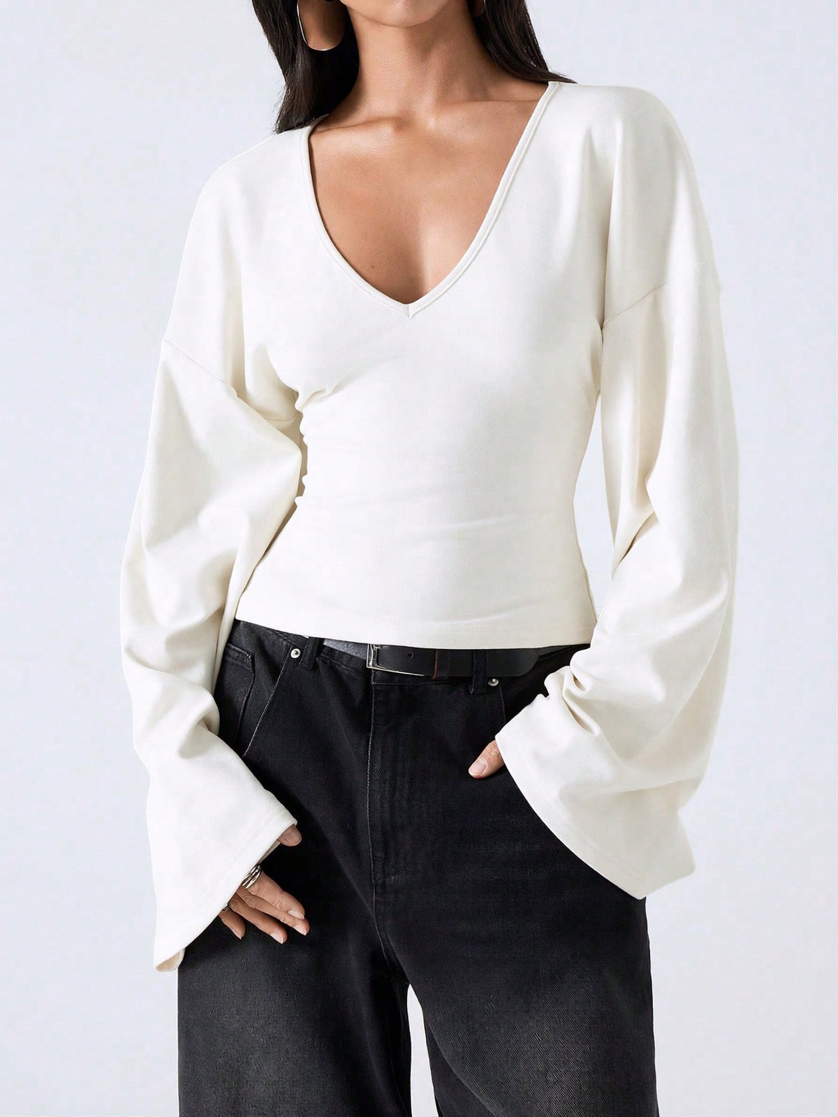 LYSMO Minimalist Women's Solid White Bell Sleeve Shirt,Autumn Deep V-Neck Top For Everyday,Smart Casual Social Blouse For Commuting,Christmas & New Year
