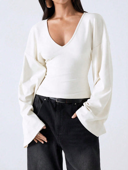 LYSMO Minimalist Women's Solid White Bell Sleeve Shirt,Autumn Deep V-Neck Top For Everyday,Smart Casual Social Blouse For Commuting,Christmas & New Year