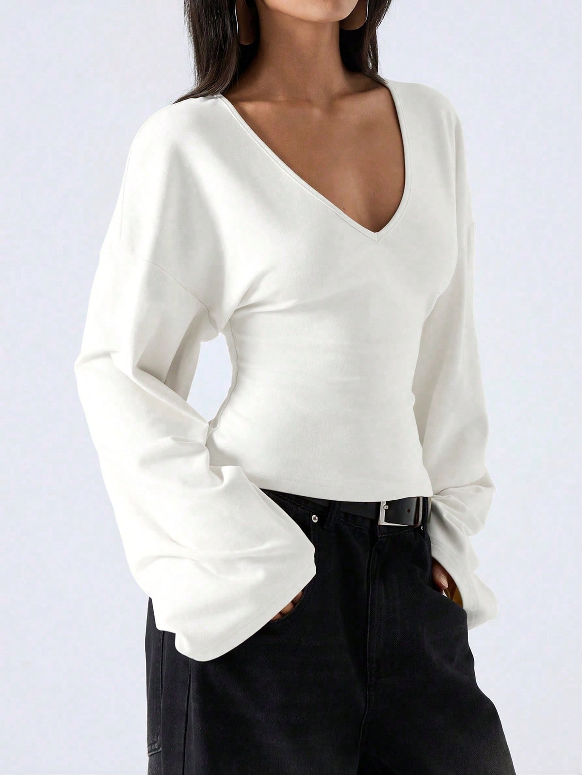 LYSMO Minimalist Women's Solid White Bell Sleeve Shirt,Autumn Deep V-Neck Top For Everyday,Smart Casual Social Blouse For Commuting,Christmas & New Year