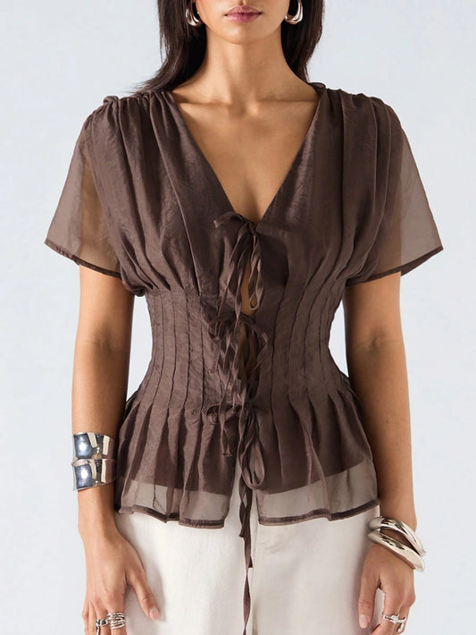 LYSMO Women's Dark Brown Summer Elegant Date Night Short Sleeve Shirt,Minimalism Solid Color Tie Collar Pleated Casual Versatile Spring Party Top