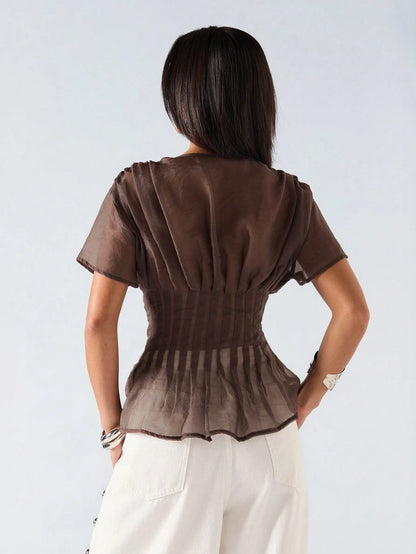 LYSMO Women's Dark Brown Summer Elegant Date Night Short Sleeve Shirt,Minimalism Solid Color Tie Collar Pleated Casual Versatile Spring Party Top