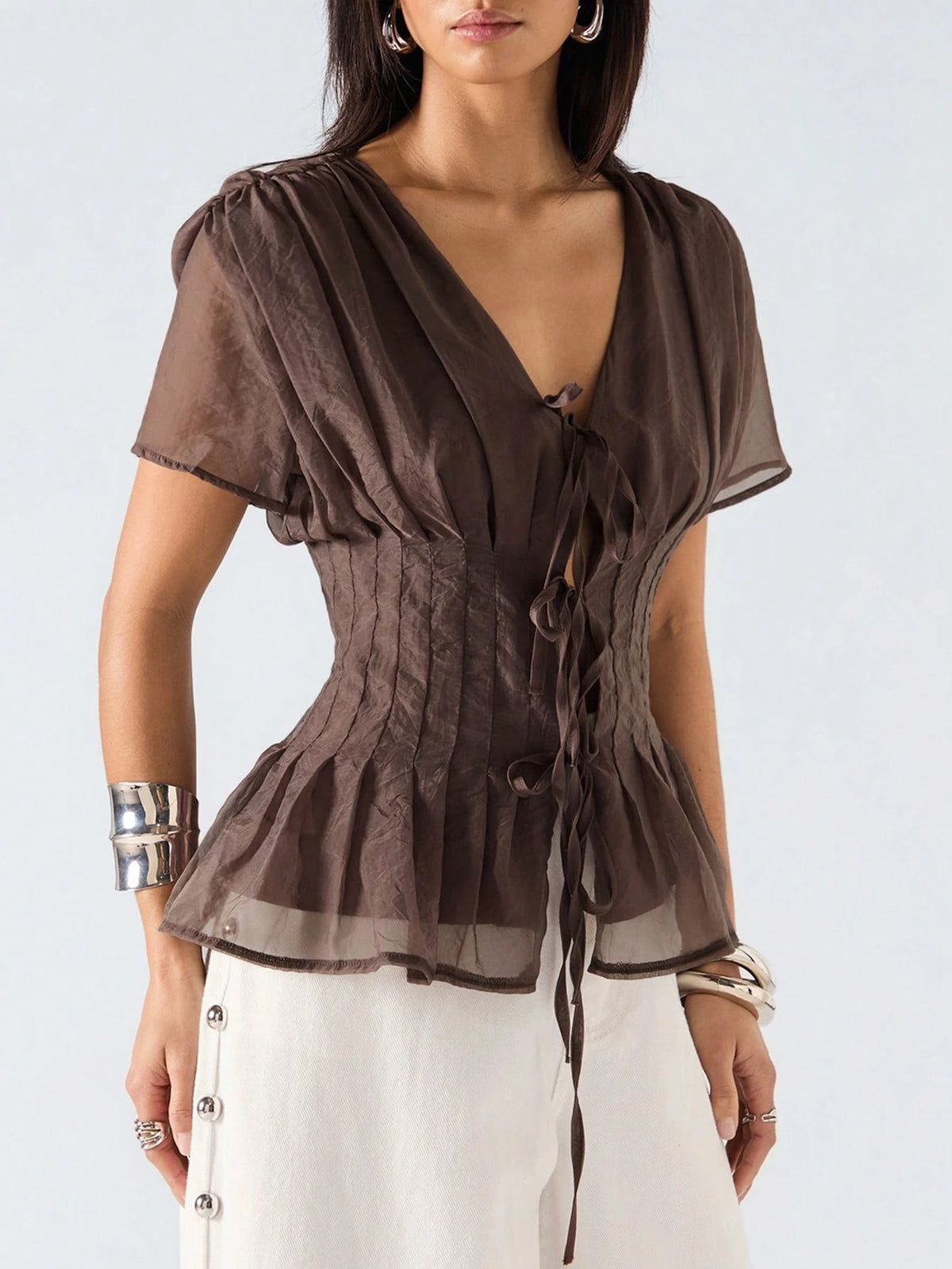 LYSMO Women's Dark Brown Summer Elegant Date Night Short Sleeve Shirt,Minimalism Solid Color Tie Collar Pleated Casual Versatile Spring Party Top