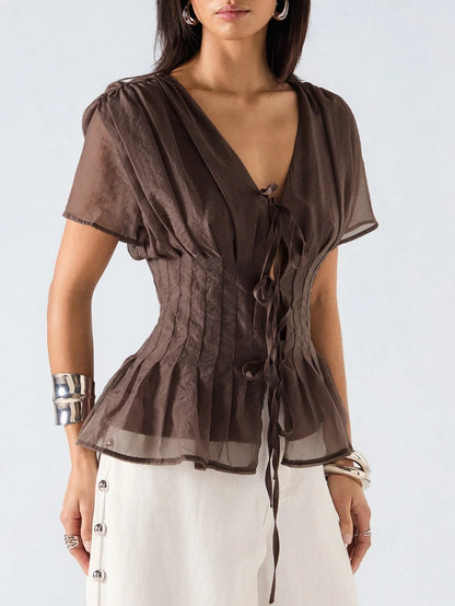 LYSMO Women's Dark Brown Summer Elegant Date Night Short Sleeve Shirt,Minimalism Solid Color Tie Collar Pleated Casual Versatile Spring Party Top