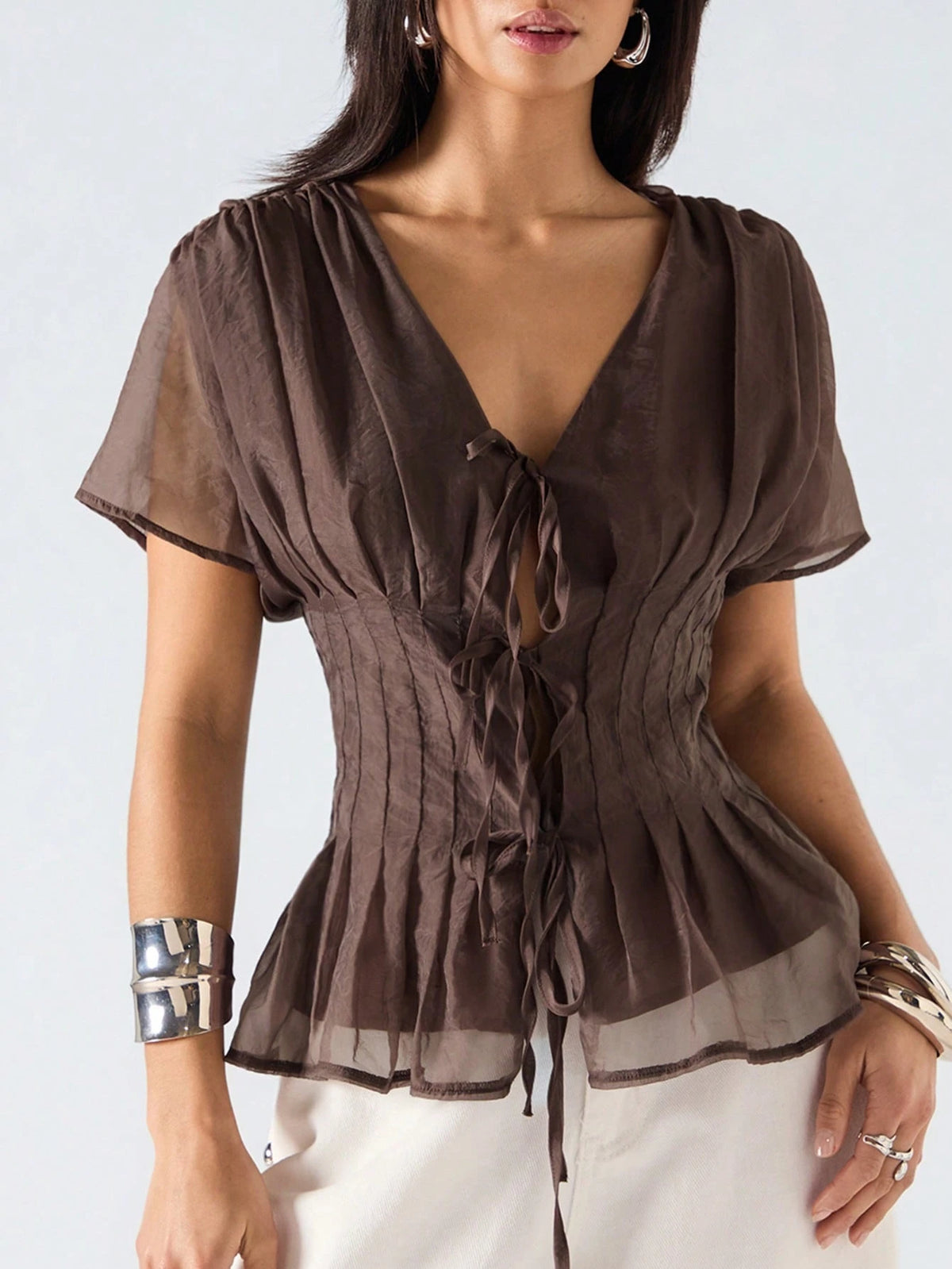 LYSMO Women's Dark Brown Summer Elegant Date Night Short Sleeve Shirt,Minimalism Solid Color Tie Collar Pleated Casual Versatile Spring Party Top
