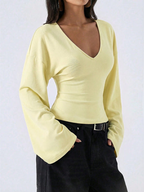 LYSMO Women's Pale Yellow V-Neck Casual Shirt,Bell Sleeve Minimalist Top For Autumn,Effortless Chic Brunch Style,Elegant Commuting Solid Color Summer Top