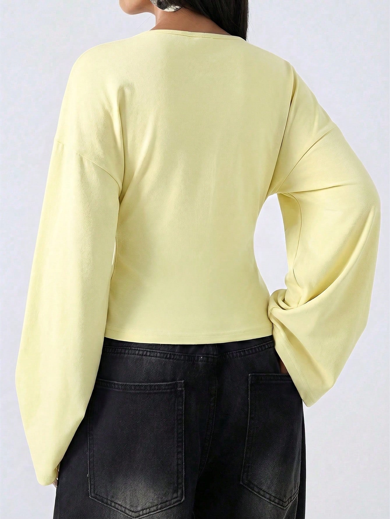 LYSMO Women's Pale Yellow V-Neck Casual Shirt,Bell Sleeve Minimalist Top For Autumn,Effortless Chic Brunch Style,Elegant Commuting Solid Color Summer Top