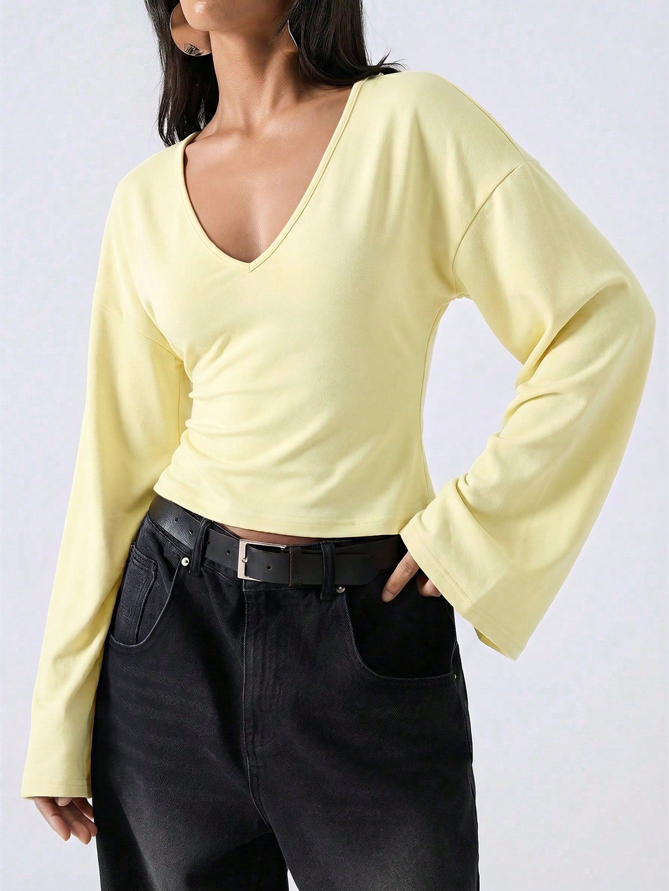 LYSMO Women's Pale Yellow V-Neck Casual Shirt,Bell Sleeve Minimalist Top For Autumn,Effortless Chic Brunch Style,Elegant Commuting Solid Color Summer Top