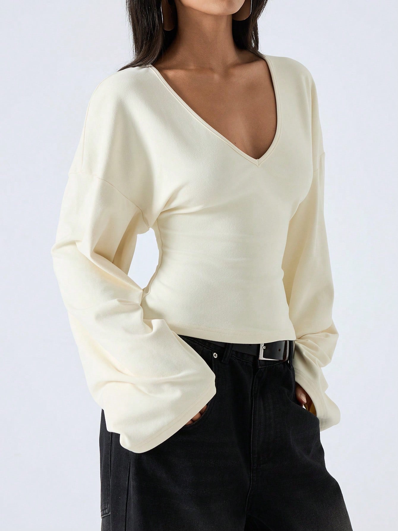 LYSMO Women's Pale Yellow V-Neck Casual Shirt,Bell Sleeve Minimalist Top For Autumn,Effortless Chic Brunch Style,Elegant Commuting Solid Color Summer Top