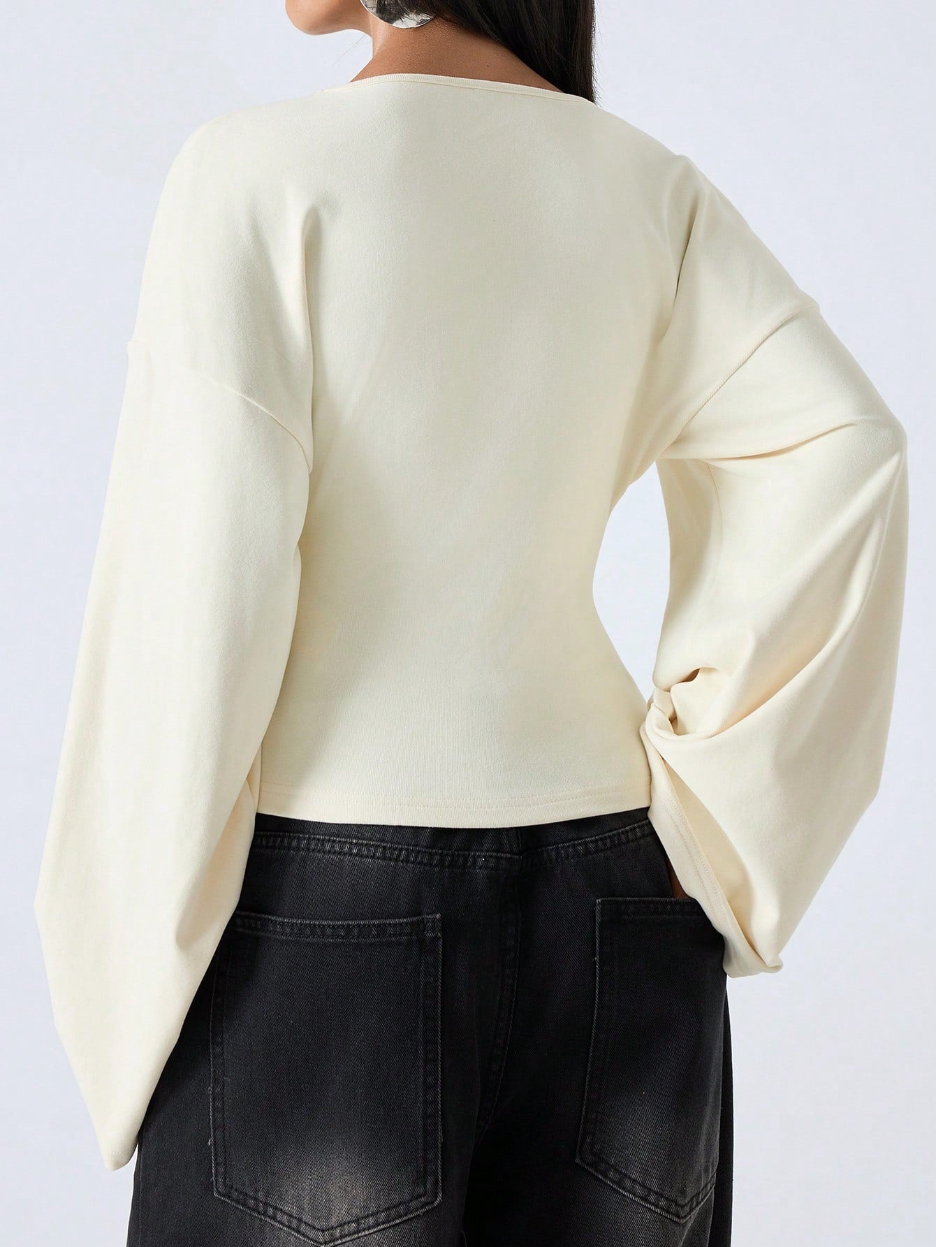LYSMO Women's Pale Yellow V-Neck Casual Shirt,Bell Sleeve Minimalist Top For Autumn,Effortless Chic Brunch Style,Elegant Commuting Solid Color Summer Top