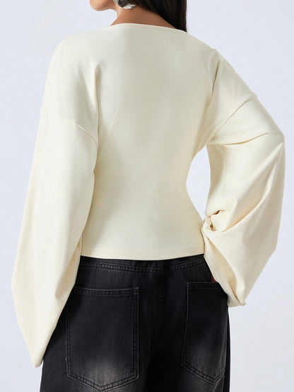 LYSMO Women's Pale Yellow V-Neck Casual Shirt,Bell Sleeve Minimalist Top For Autumn,Effortless Chic Brunch Style,Elegant Commuting Solid Color Summer Top