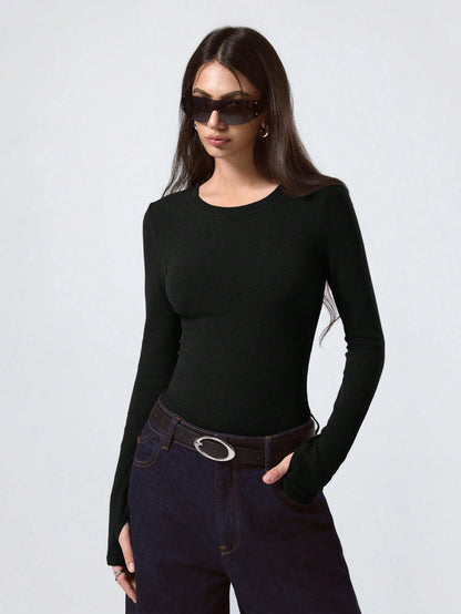 LYSMO Women Solid Color Long Sleeve Basic Casual Simple Style Fitted T-Shirt, Summer Outfits, Beach For Holiday Top