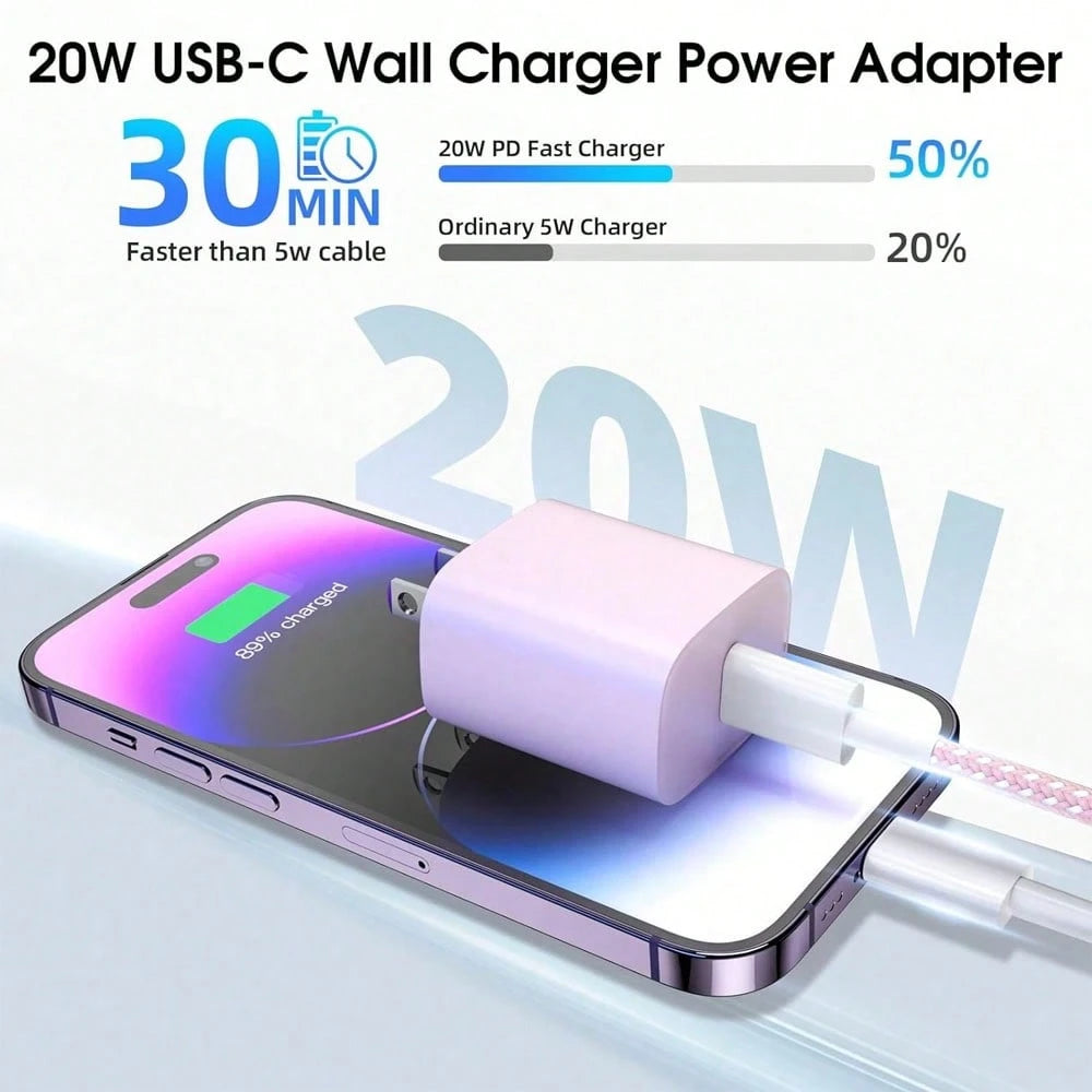 Macaron Color PD 20W Fast Charging Adapter + 3.3ft/100cm High-Efficiency Data Transfer Fast Charging Cable Charger Set Compatible With IPhone 14 Pro Max/14 Pro/14 Plus/14/13/12/11/XS/XR/8/7/6/ Series
