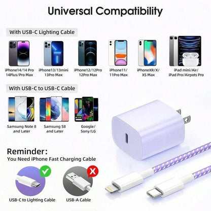 Macaron Color PD 20W Fast Charging Adapter + 3.3ft/100cm High-Efficiency Data Transfer Fast Charging Cable Charger Set Compatible With IPhone 14 Pro Max/14 Pro/14 Plus/14/13/12/11/XS/XR/8/7/6/ Series