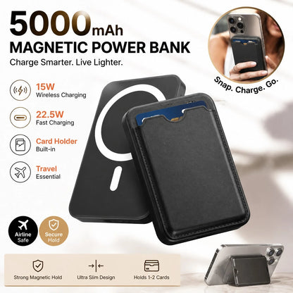 Magnetic Wireless Power Bank With Card Holder, 5000mAh Compact Portable Phone Charger, 15W Magnetic Charging & 22.5W Fast Wired Charging, Slim Lightweight Li-Polymer Battery Pack, Travel Essential Com