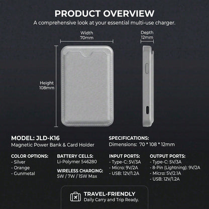 Magnetic Wireless Power Bank With Card Holder, 5000mAh Compact Portable Phone Charger, 15W Magnetic Charging & 22.5W Fast Wired Charging, Slim Lightweight Li-Polymer Battery Pack, Travel Essential Com