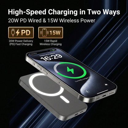 Magnetic Wireless Power Bank With Card Holder, 5000mAh Compact Portable Phone Charger, 15W Magnetic Charging & 22.5W Fast Wired Charging, Slim Lightweight Li-Polymer Battery Pack, Travel Essential Com