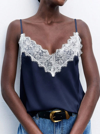 Maija Women's Navy Blue Contrast Lace Cami Top, Elegant Summer Spaghetti Strap V-Neck Loose Cami Night Business Casual Wedding Guest Top Autumn Halloween