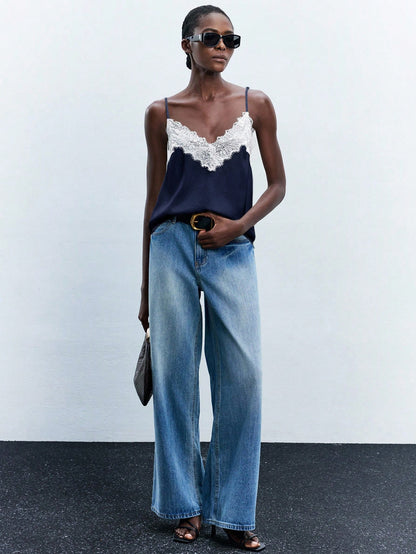 Maija Women's Navy Blue Contrast Lace Cami Top, Elegant Summer Spaghetti Strap V-Neck Loose Cami Night Business Casual Wedding Guest Top Autumn Halloween