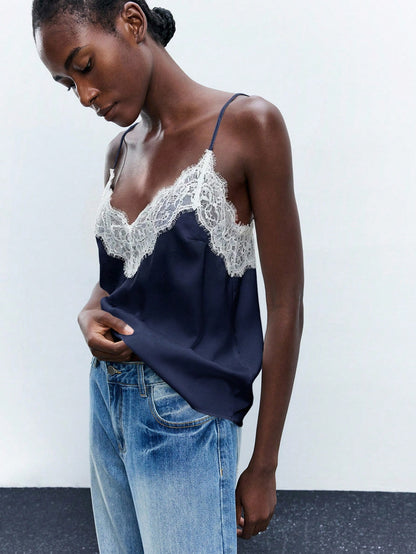 Maija Women's Navy Blue Contrast Lace Cami Top, Elegant Summer Spaghetti Strap V-Neck Loose Cami Night Business Casual Wedding Guest Top Autumn Halloween