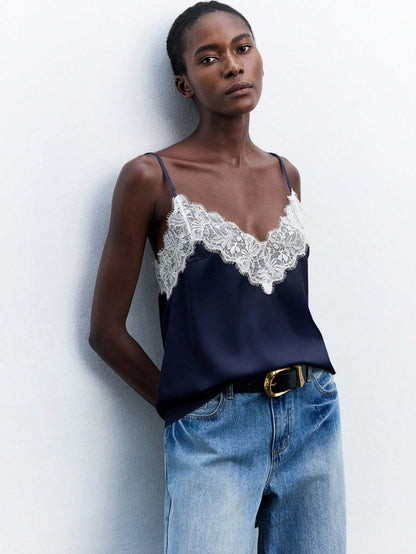 Maija Women's Navy Blue Contrast Lace Cami Top, Elegant Summer Spaghetti Strap V-Neck Loose Cami Night Business Casual Wedding Guest Top Autumn Halloween