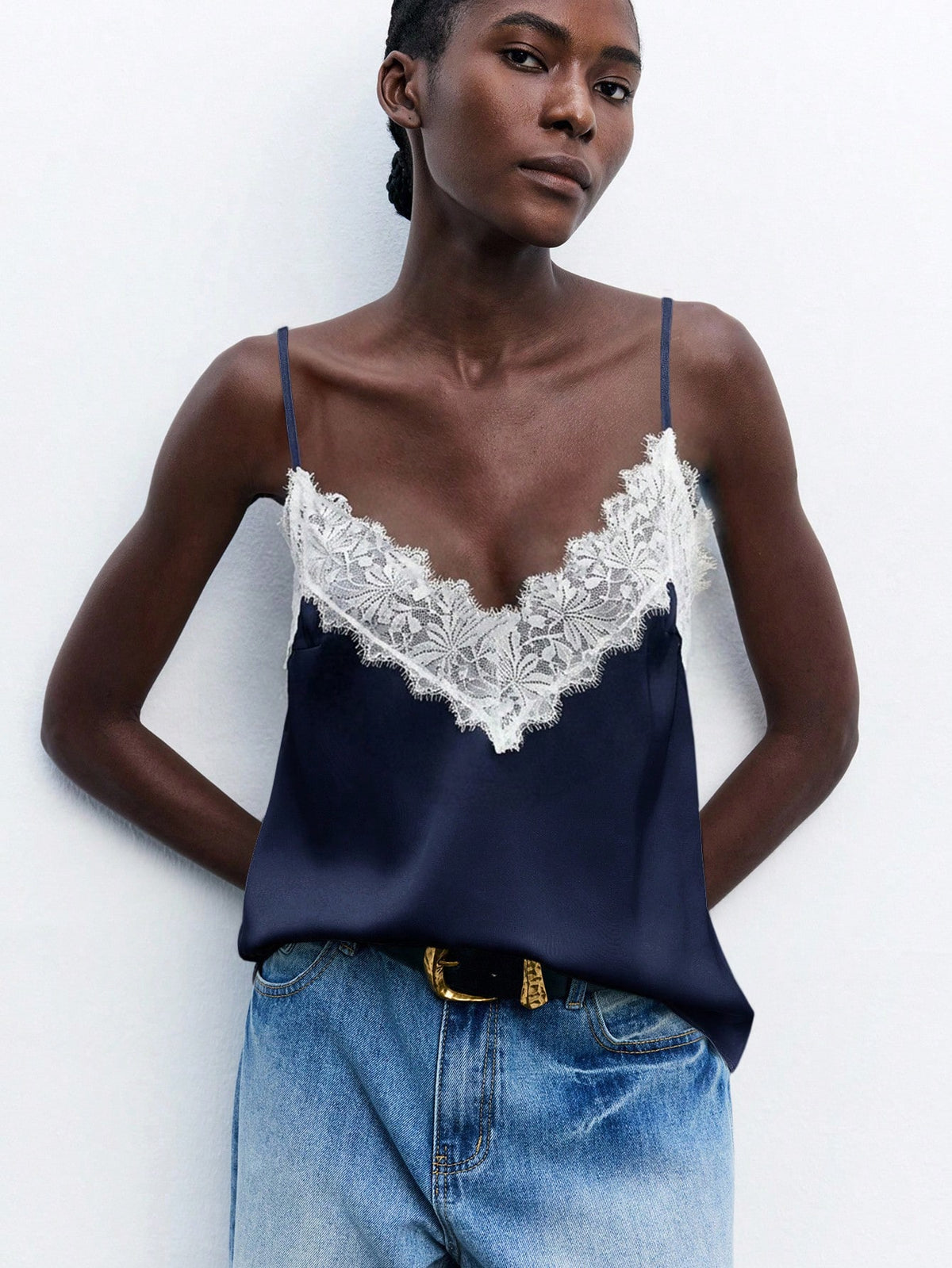Maija Women's Navy Blue Contrast Lace Cami Top, Elegant Summer Spaghetti Strap V-Neck Loose Cami Night Business Casual Wedding Guest Top Autumn Halloween